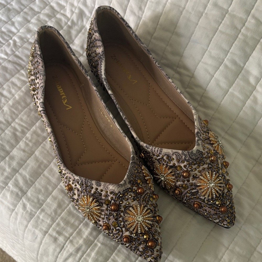 Women's Flats with Gold and Brown Embellishments